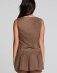 Back view of a woman wearing the Chaser Pea Choco Check Waistcoat and skirt on a neutral background