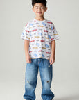 A full body front view of a boy wearing the Chaser Race Day Boys Tee on a neutral background