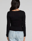 Back view of a woman wearing the Chaser Silva Black Fullsleeve Top on a neutral background