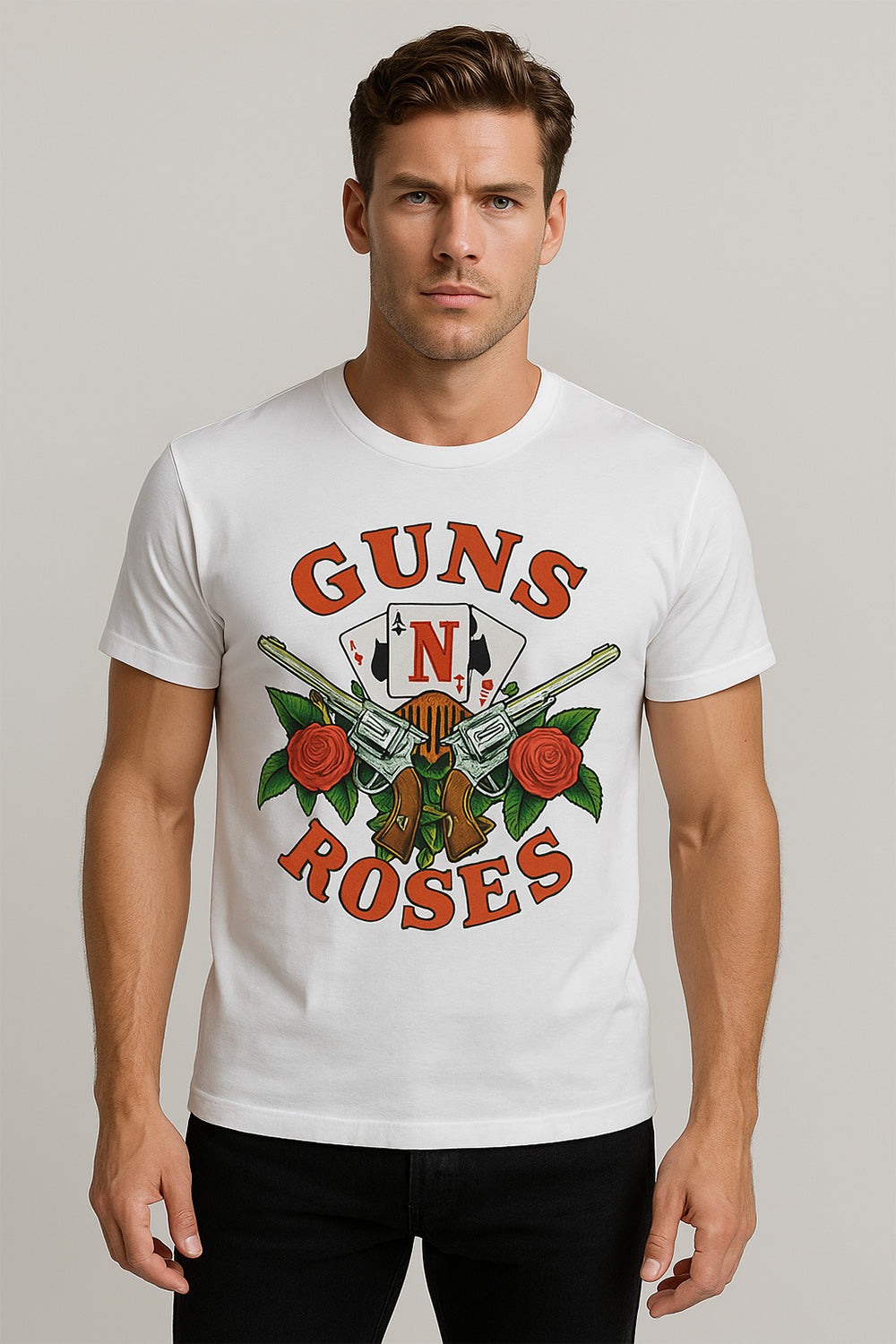 Man wearing a white t-shirt with 'Guns N' Roses' graphic design on a plain background