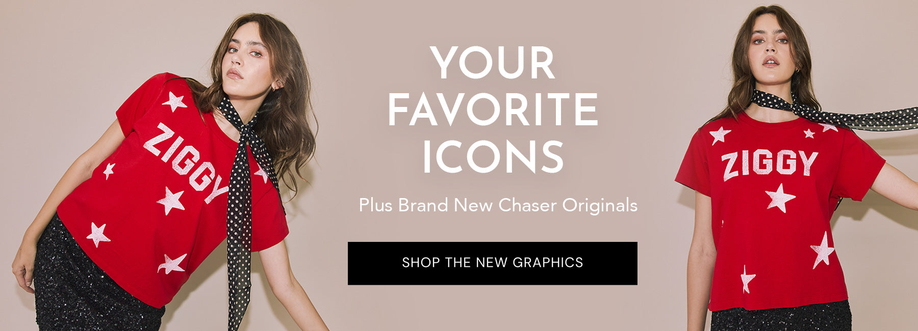 Woman wearing Chaser's red David Bowie 'Ziggy' t-shirt with white stars and text, standing against a beige background