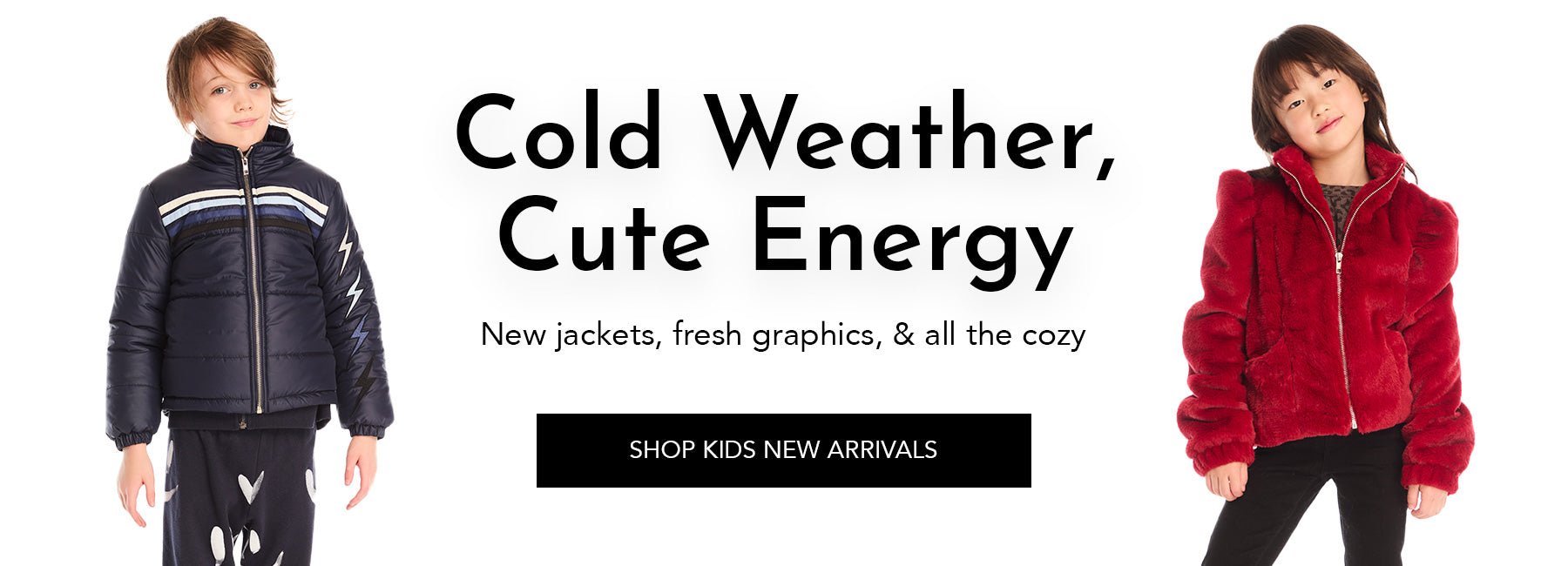 Two children wearing Chaser Kids jackets with text promoting new kids' arrivals