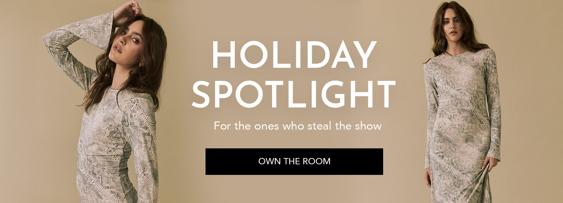 Model wearing Chaser’s snake-texture shimmer maxi dress from the Holiday Spotlight collection against a beige background