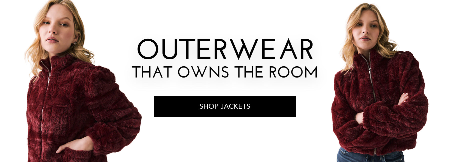 Woman wearing Chaser’s Cabernet Puff Sleeve jacket in two positions, against a white background
