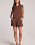 A full body front view of a woman wearing the Chaser Kahlua Harper Shorts on a neutral background