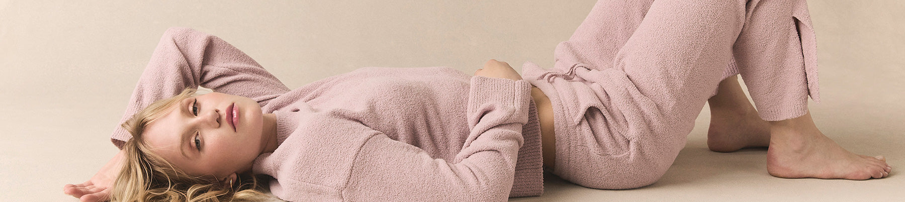 Model wearing a soft loungewear set styled for working from home and everyday wear