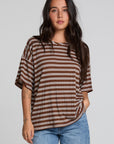 Front view of a woman wearing the Chaser Peri Nutty Brown Stripe Tee on a neutral background