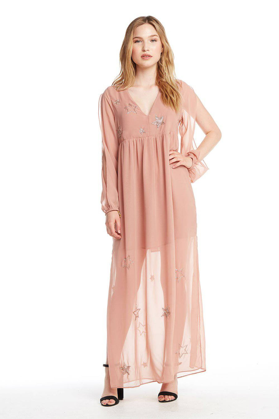 BEADED STAR L/S V NECK MAXI DRESS WOMENS chaserbrand