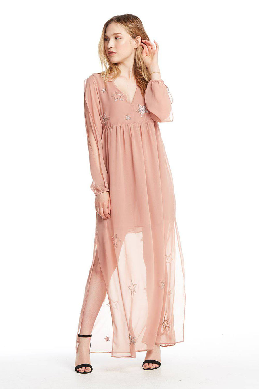 BEADED STAR L/S V NECK MAXI DRESS WOMENS chaserbrand