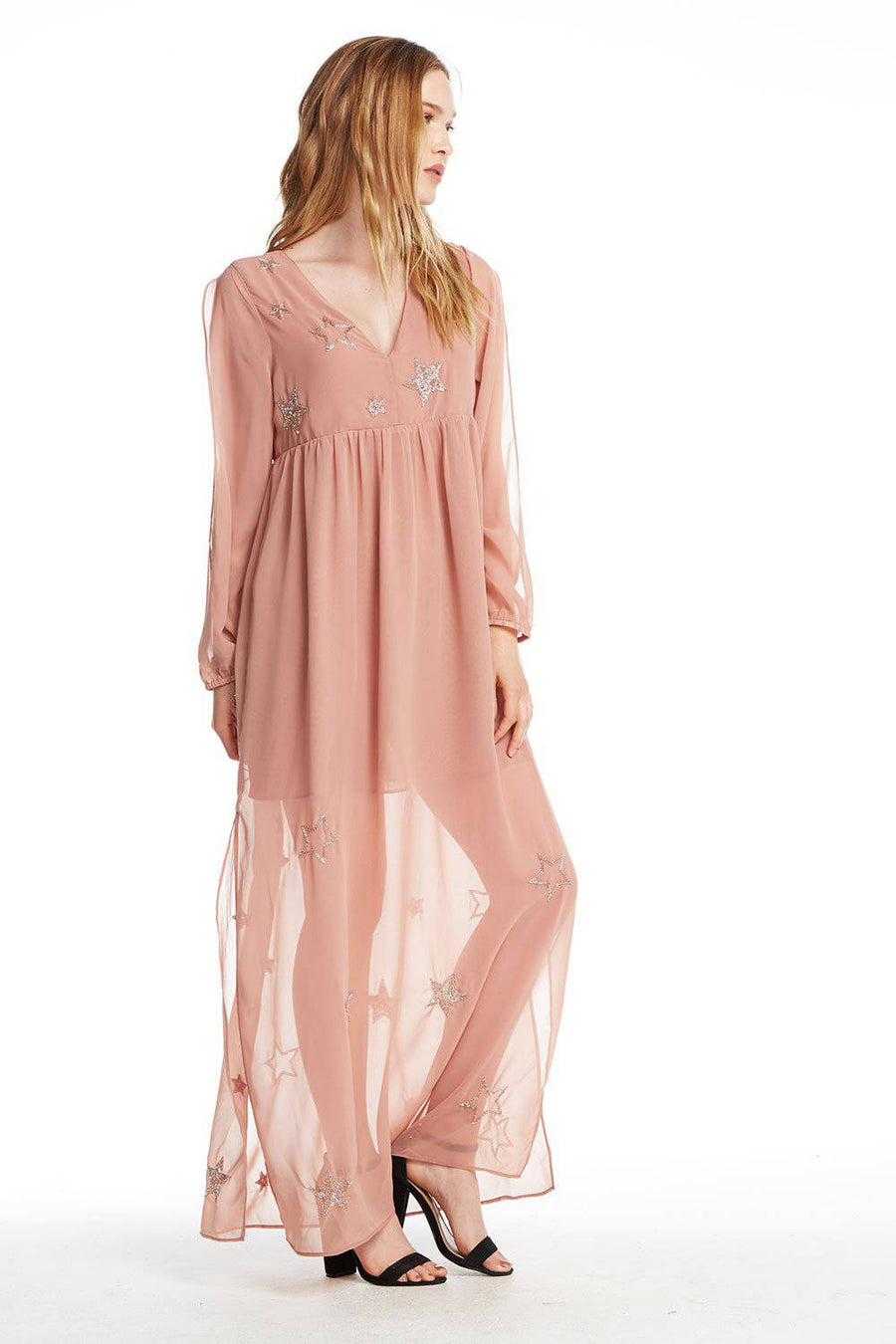 BEADED STAR L/S V NECK MAXI DRESS WOMENS chaserbrand