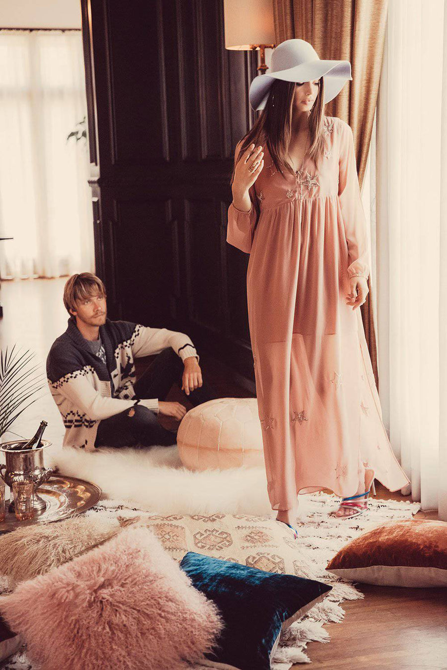 BEADED STAR L/S V NECK MAXI DRESS WOMENS chaserbrand