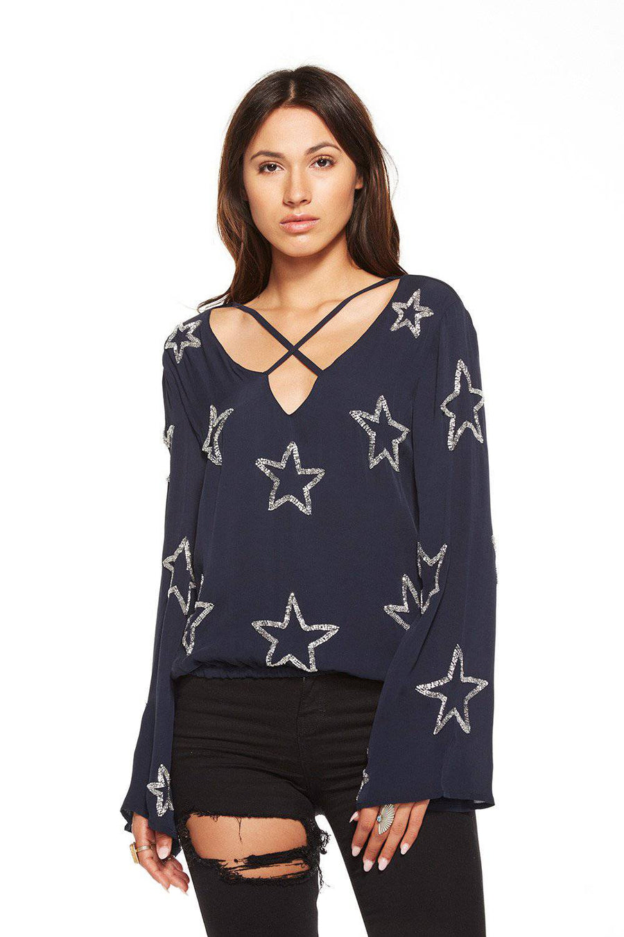 BEADED STARS BELL SLEEVE TOP WOMENS chaserbrand