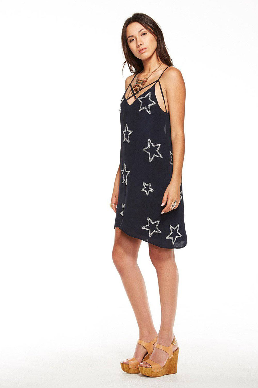 BEADED STARS STRAPPY MINI DRESS WOMENS chaserbrand