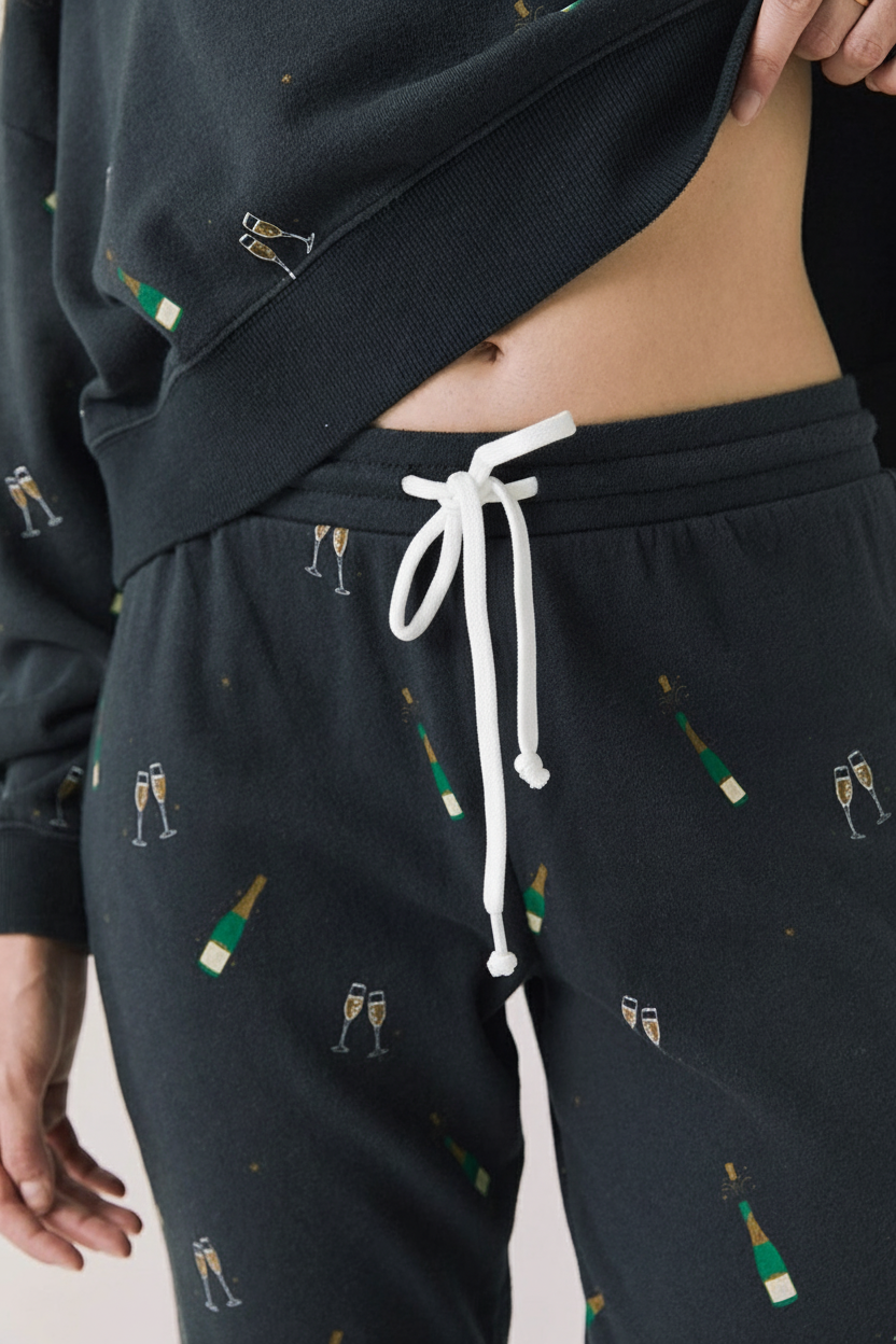 Close-up view of woman wearing Chaser’s black Champagne Party Joggers with white drawstrings