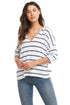Blue and white striped 3/4 sleeve knit hoodie with side slits and relaxed fit.

