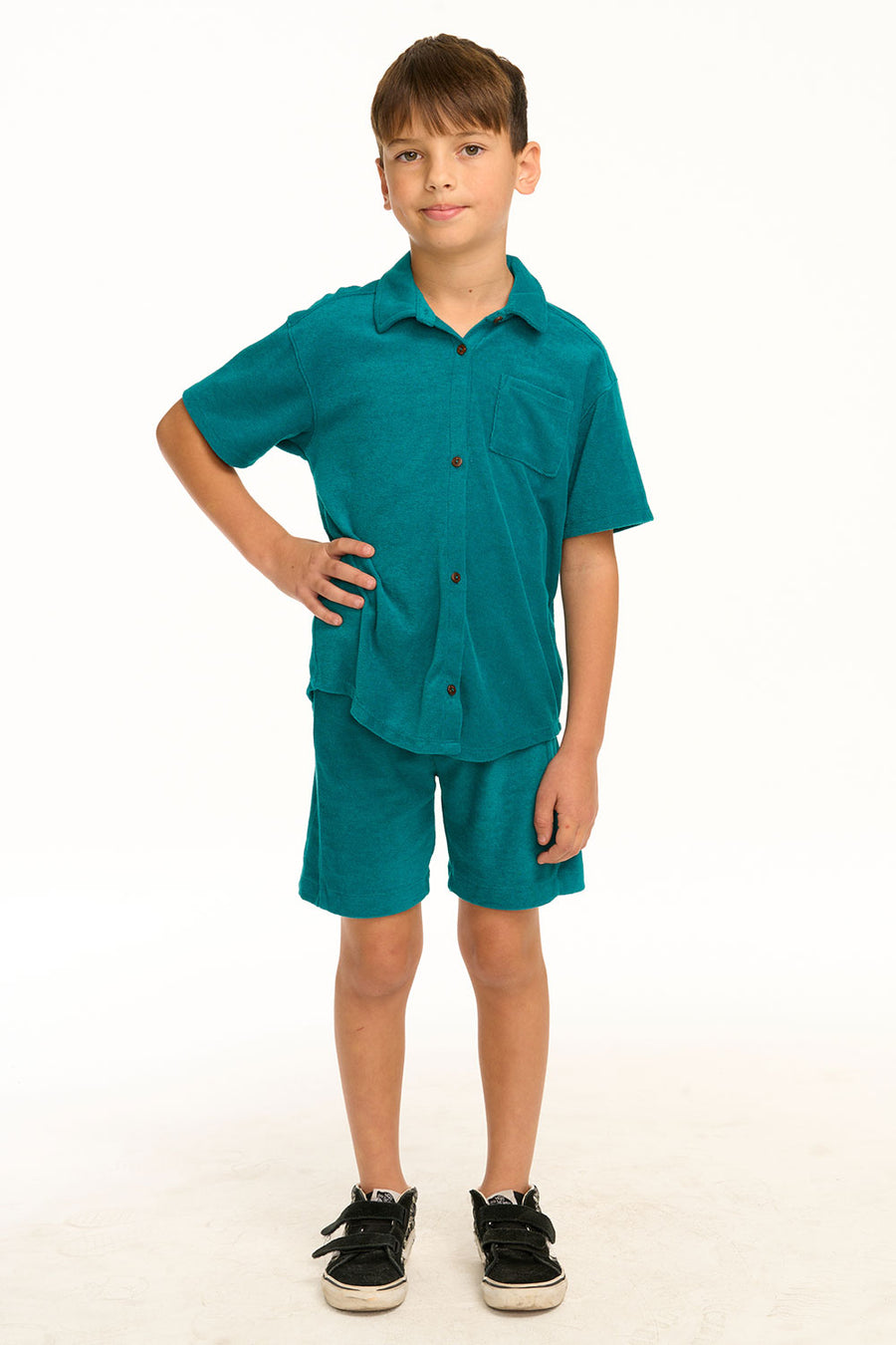Boy's Lake Green Terry Cloth Button Down Collared Shirt BOYS chaserbrand