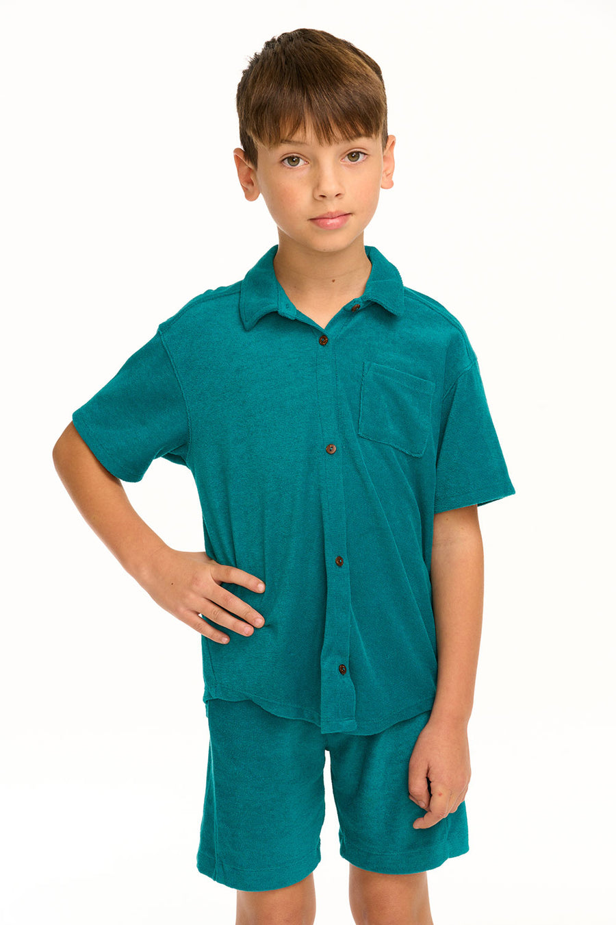 Boy's Lake Green Terry Cloth Button Down Collared Shirt BOYS chaserbrand