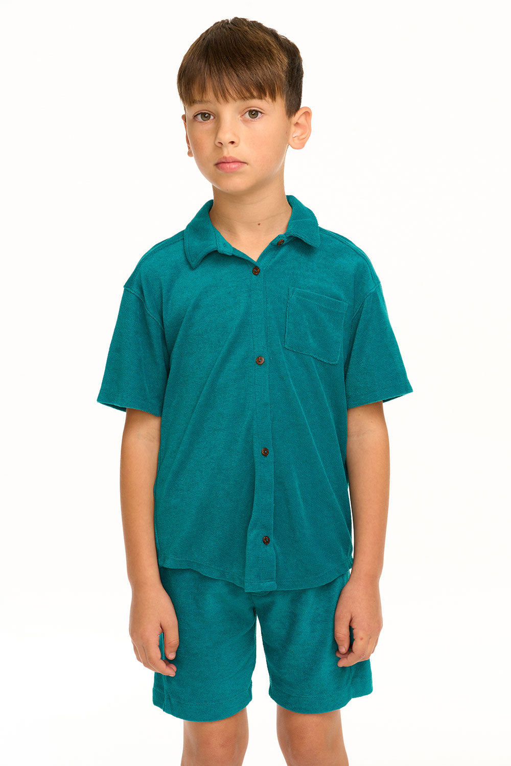 Boy's Lake Green Terry Cloth Button Down Collared Shirt BOYS chaserbrand