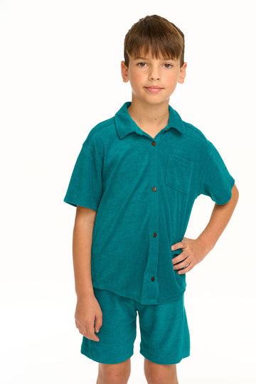 Boy's Lake Green Terry Cloth Button Down Collared Shirt BOYS chaserbrand