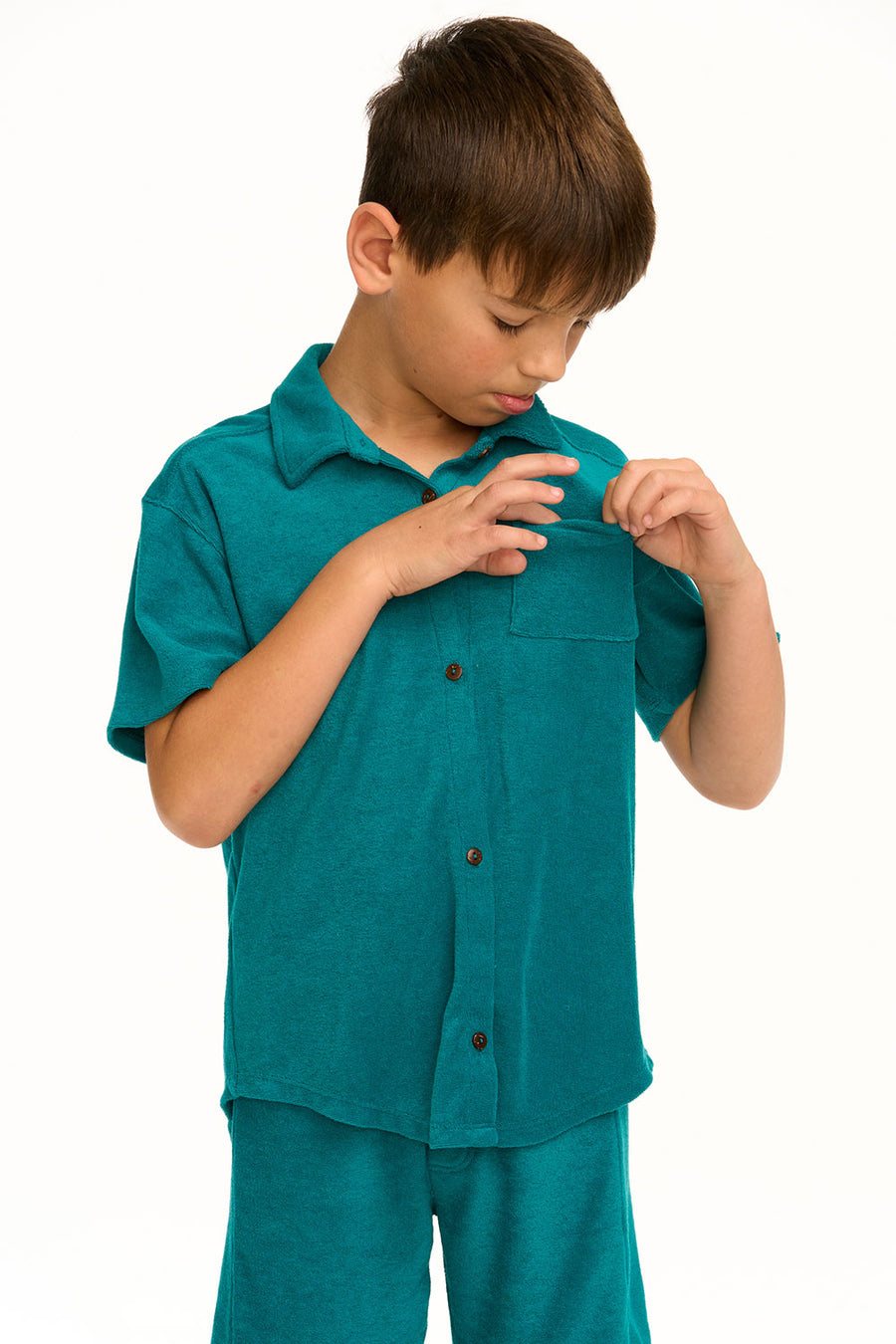 Boy's Lake Green Terry Cloth Button Down Collared Shirt BOYS chaserbrand