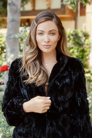 Sequin Faux Fur Puff Sleeve Zip Up Jacket WOMENS - chaserbrand
