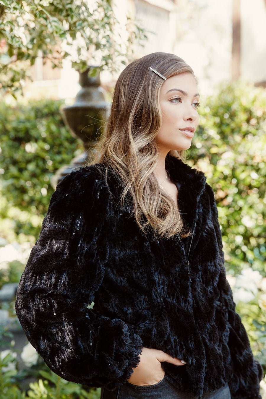 Sequin Faux Fur Puff Sleeve Zip Up Jacket WOMENS - chaserbrand