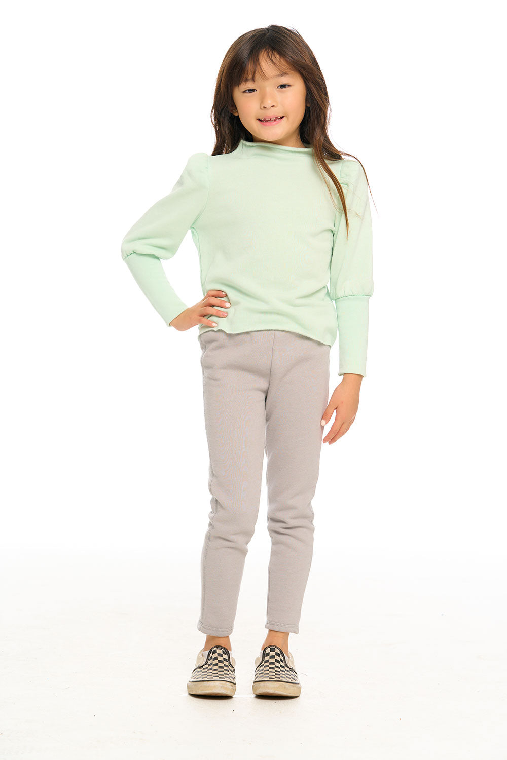 Semi Cropped Hi Lo Mock Neck Puff Sleeve Pullover GIRLS chaserbrand