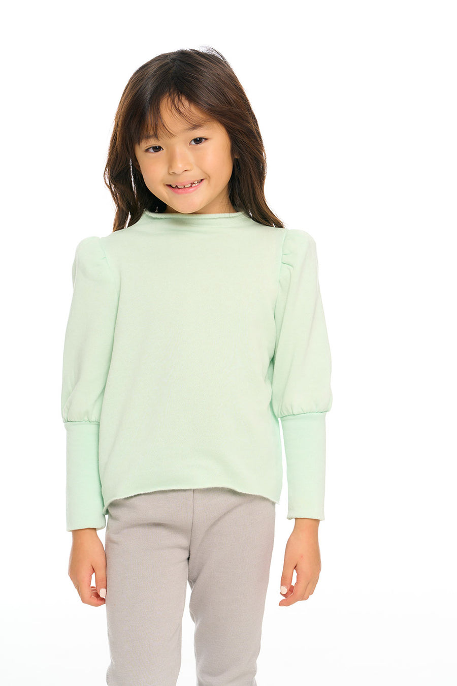 Semi Cropped Hi Lo Mock Neck Puff Sleeve Pullover GIRLS chaserbrand