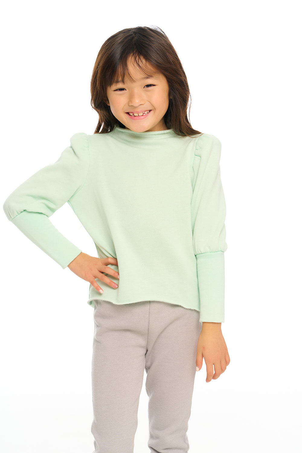 Semi Cropped Hi Lo Mock Neck Puff Sleeve Pullover GIRLS chaserbrand