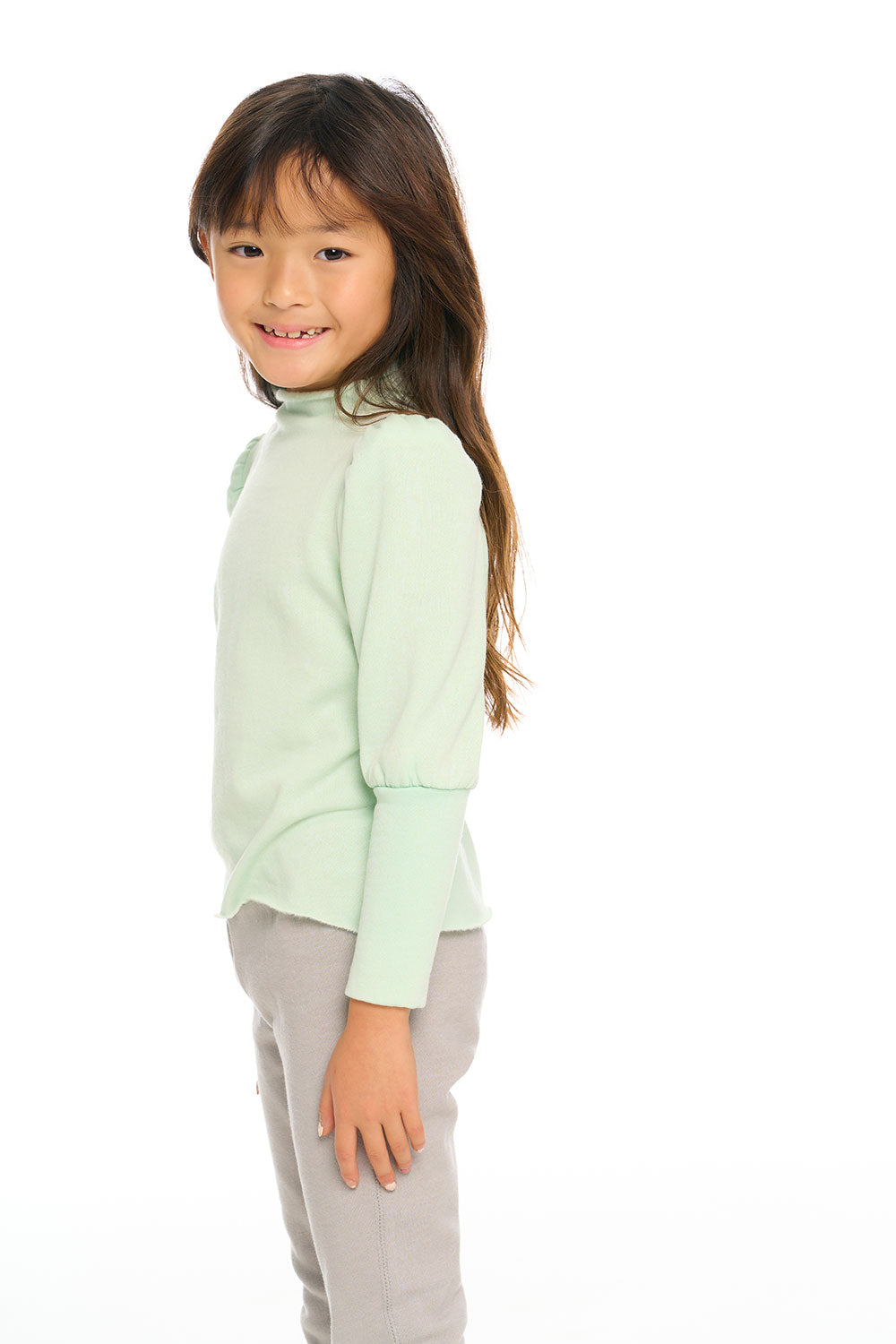 Semi Cropped Hi Lo Mock Neck Puff Sleeve Pullover GIRLS chaserbrand