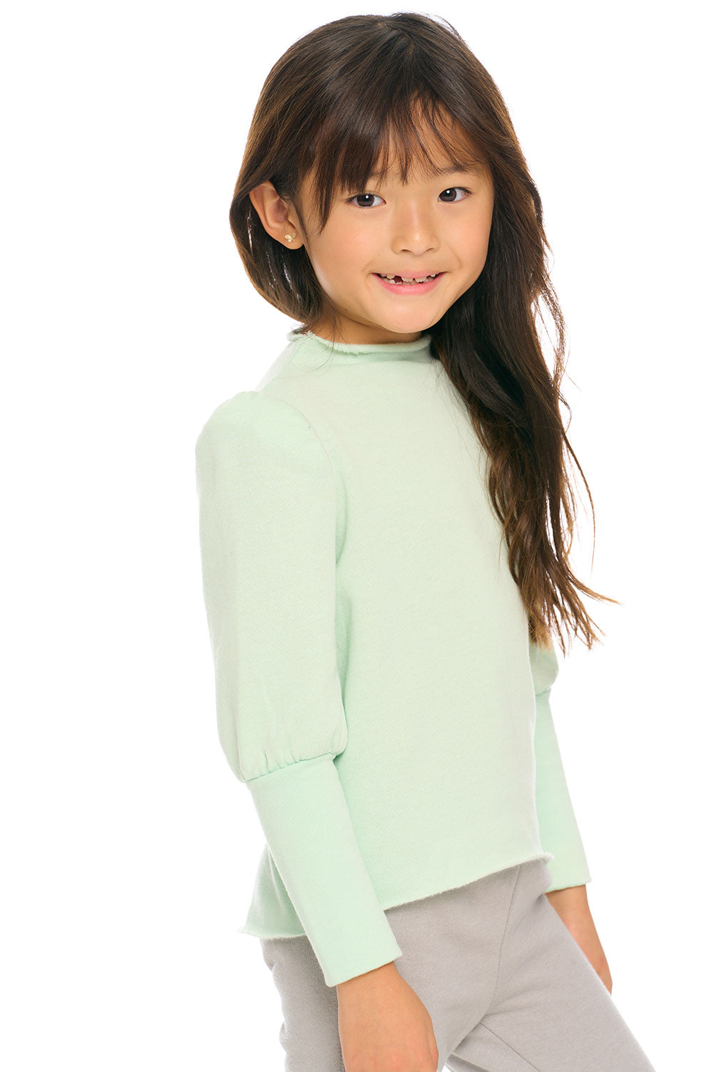 Semi Cropped Hi Lo Mock Neck Puff Sleeve Pullover GIRLS chaserbrand