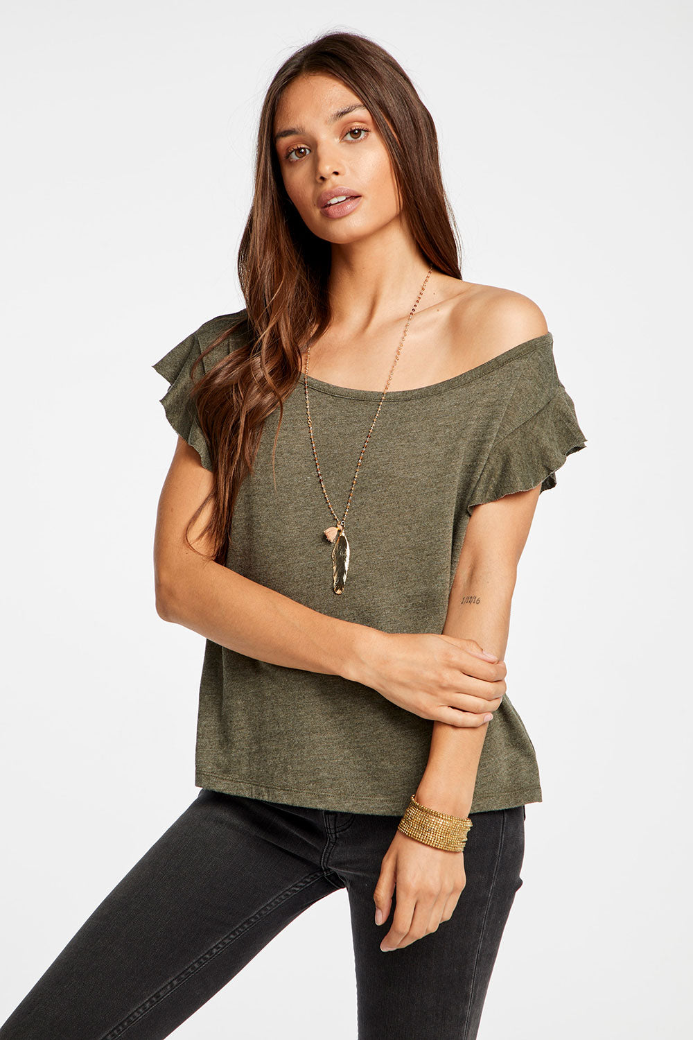 Triblend Jersey Cropped Flutter Sleeve Open Neck Tee WOMENS - chaserbrand