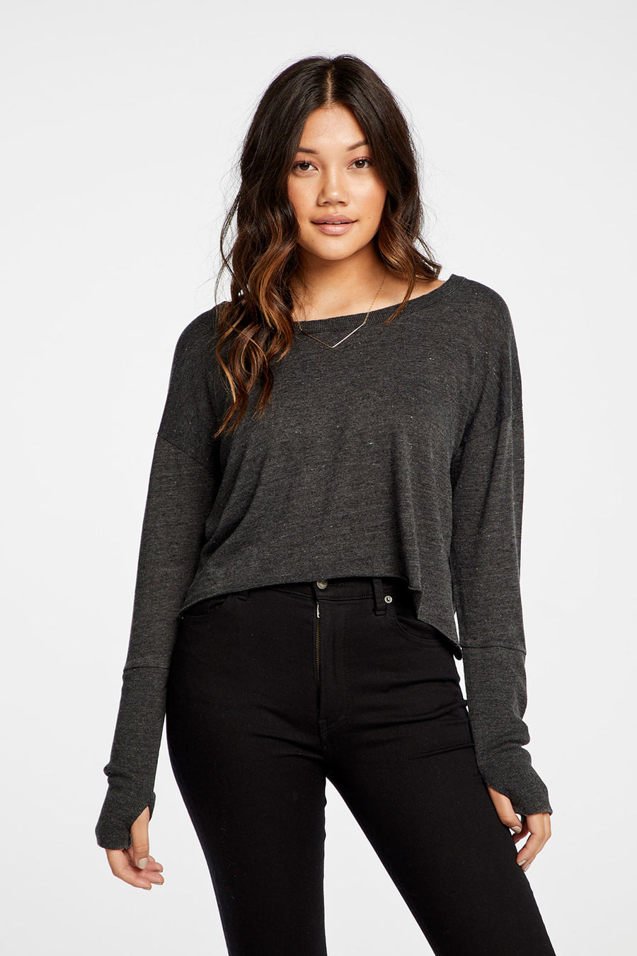 Triblend Jersey Cropped Open Neck Long Sleeve Thumbhole Tee WOMENS - chaserbrand