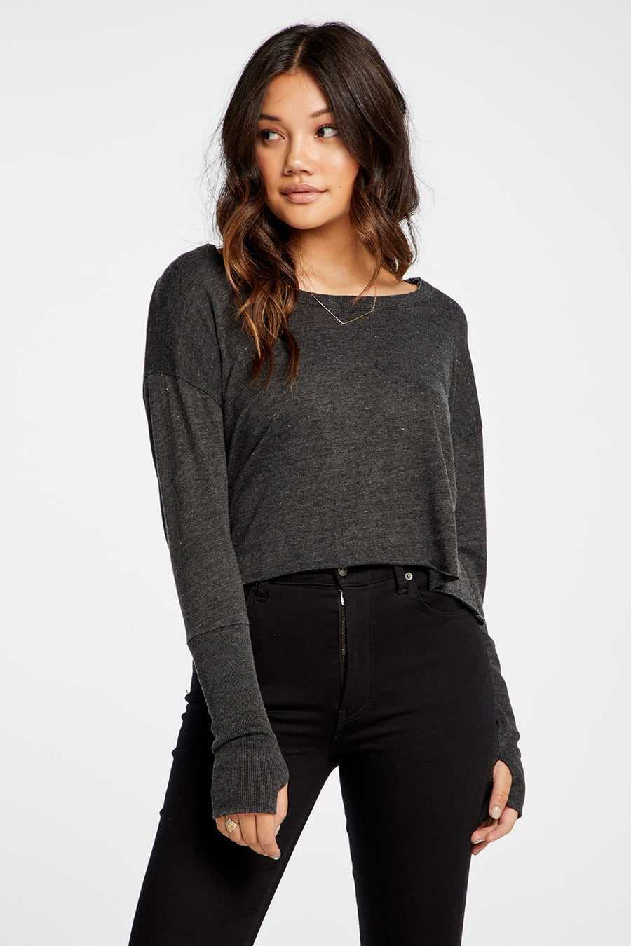 Triblend Jersey Cropped Open Neck Long Sleeve Thumbhole Tee WOMENS - chaserbrand
