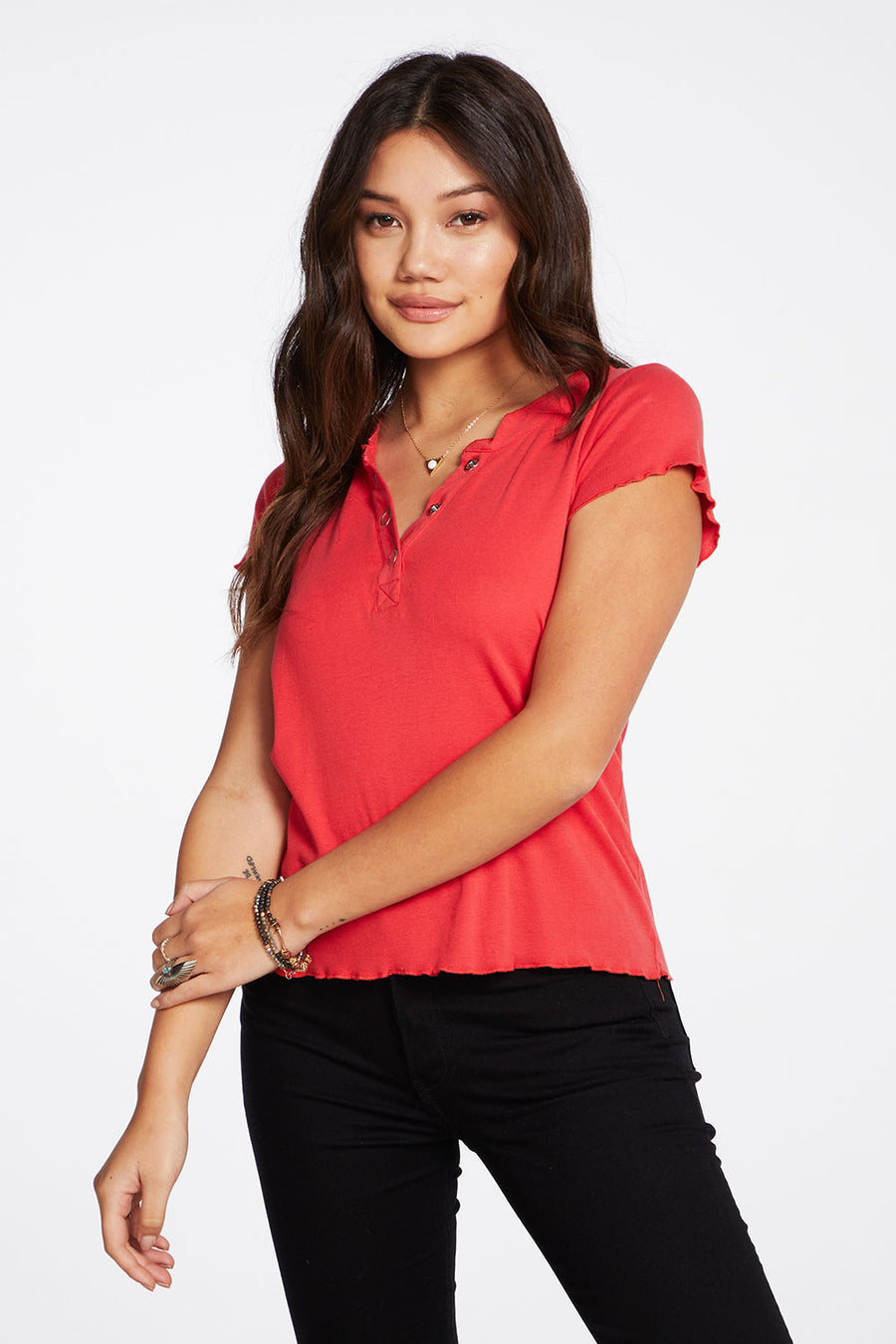 Baby Rib Short Sleeve Cropped Henley Tee WOMENS - chaserbrand