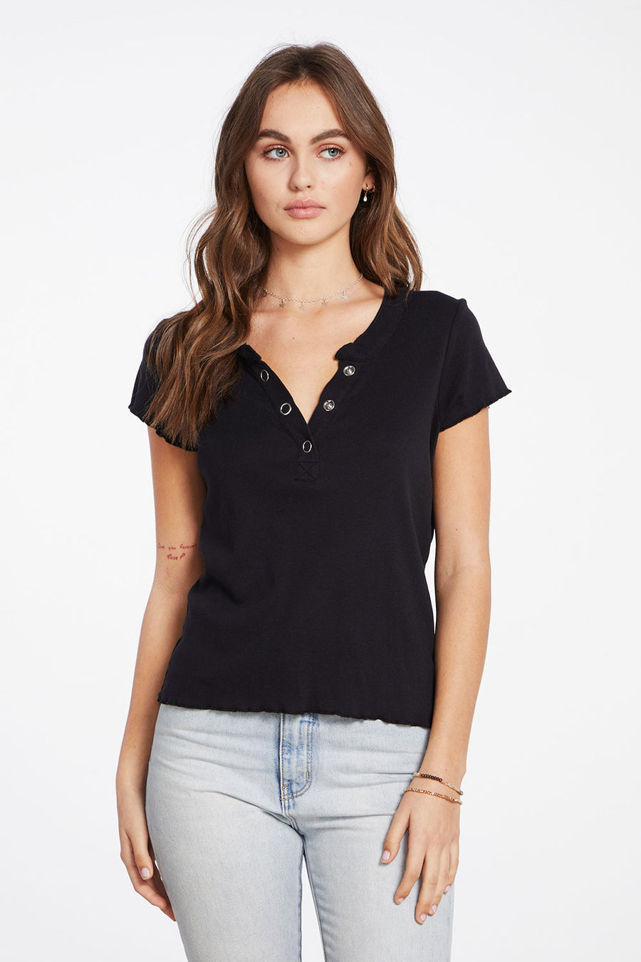 Baby Rib Short Sleeve Cropped Henley Tee WOMENS - chaserbrand