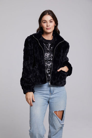 Sequin Faux Fur Puff Sleeve Jacket WOMENS chaserbrand