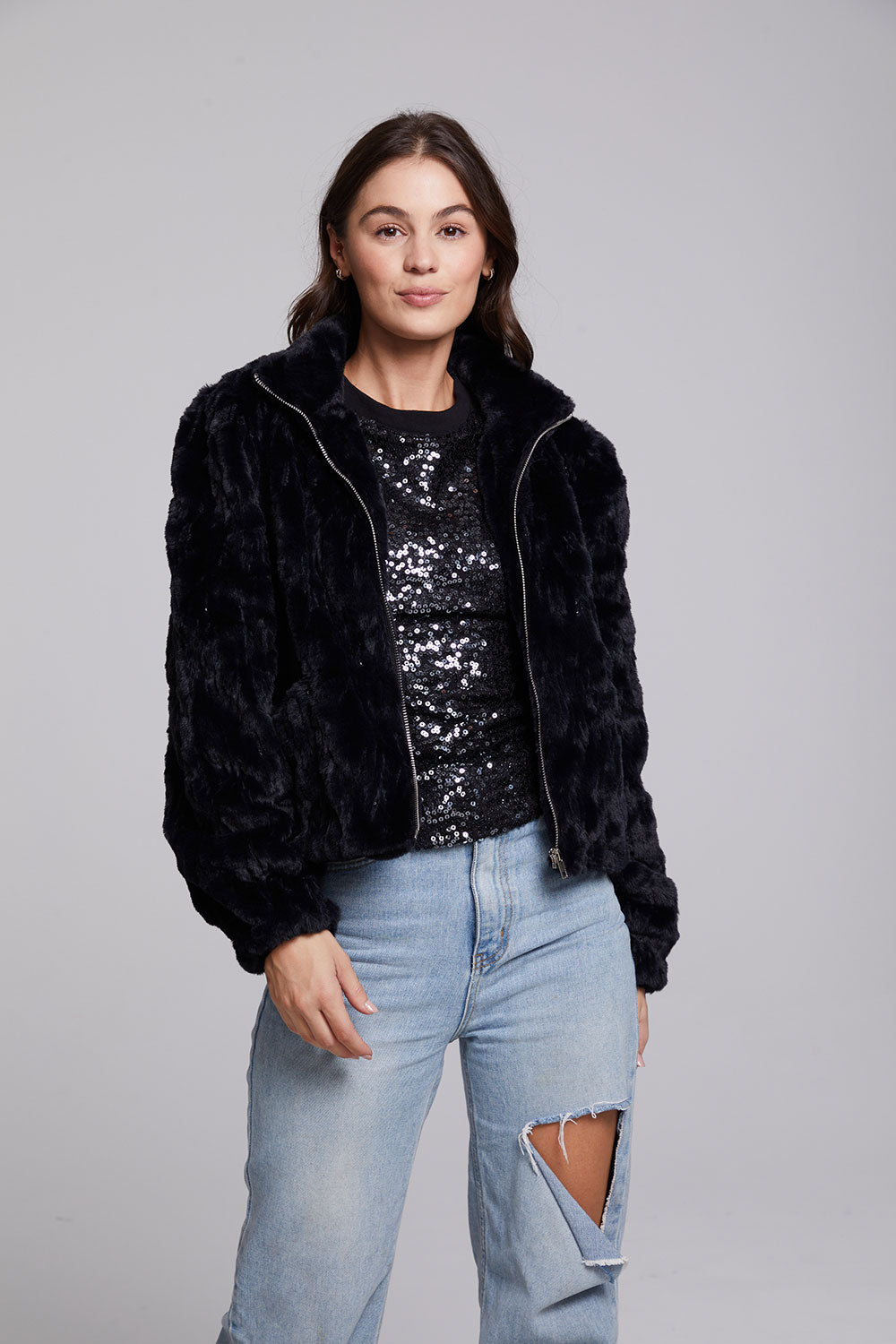 Sequin Faux Fur Puff Sleeve Jacket WOMENS chaserbrand
