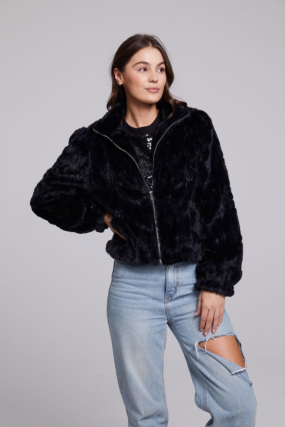 Sequin Faux Fur Puff Sleeve Jacket WOMENS chaserbrand