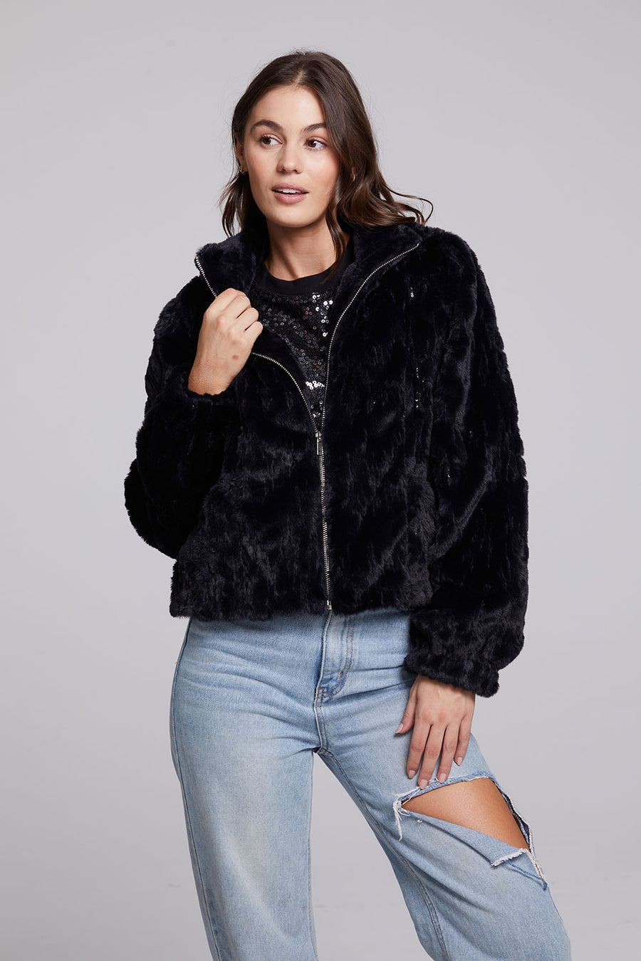 Sequin Faux Fur Puff Sleeve Jacket WOMENS chaserbrand
