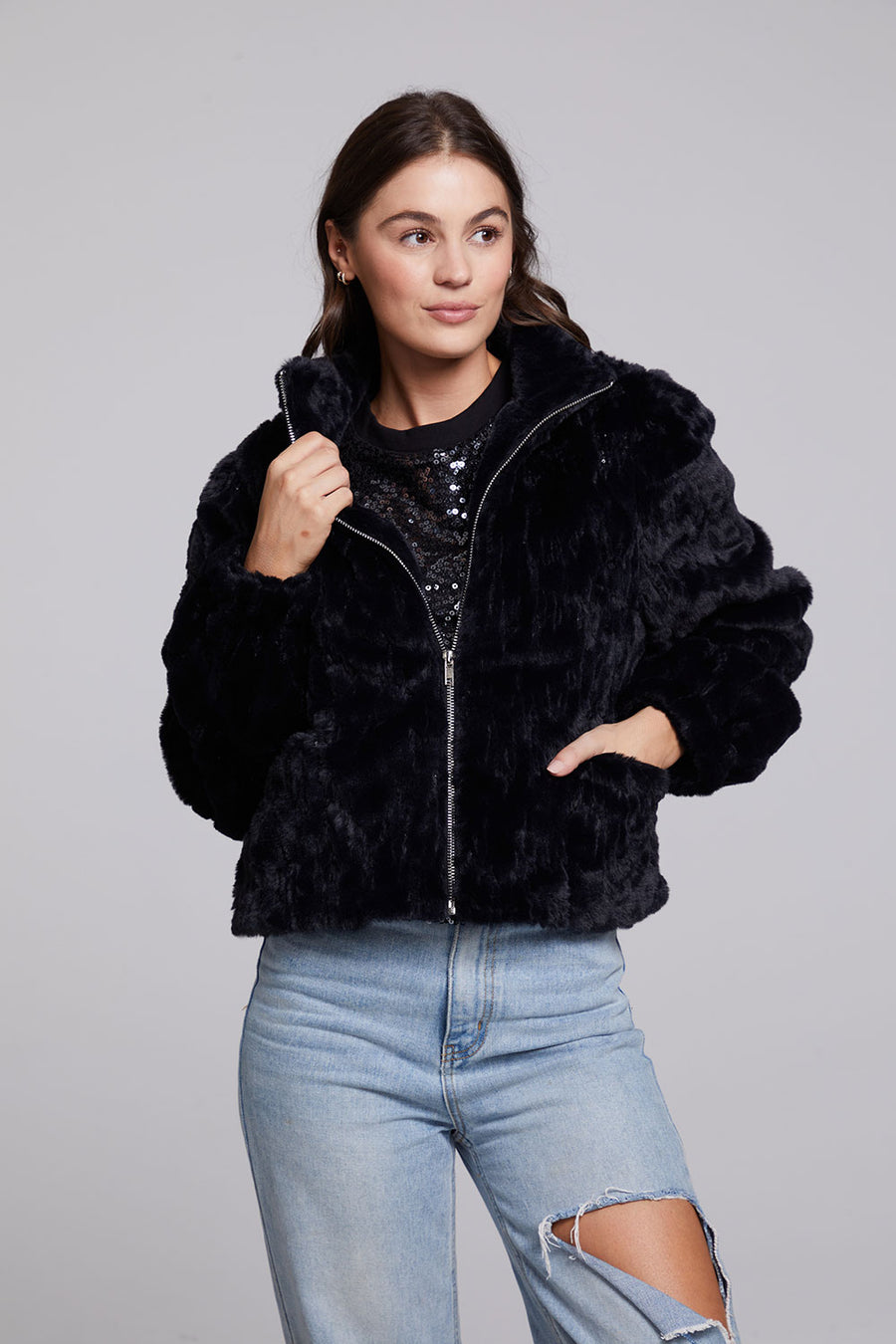 Sequin Faux Fur Puff Sleeve Jacket WOMENS chaserbrand