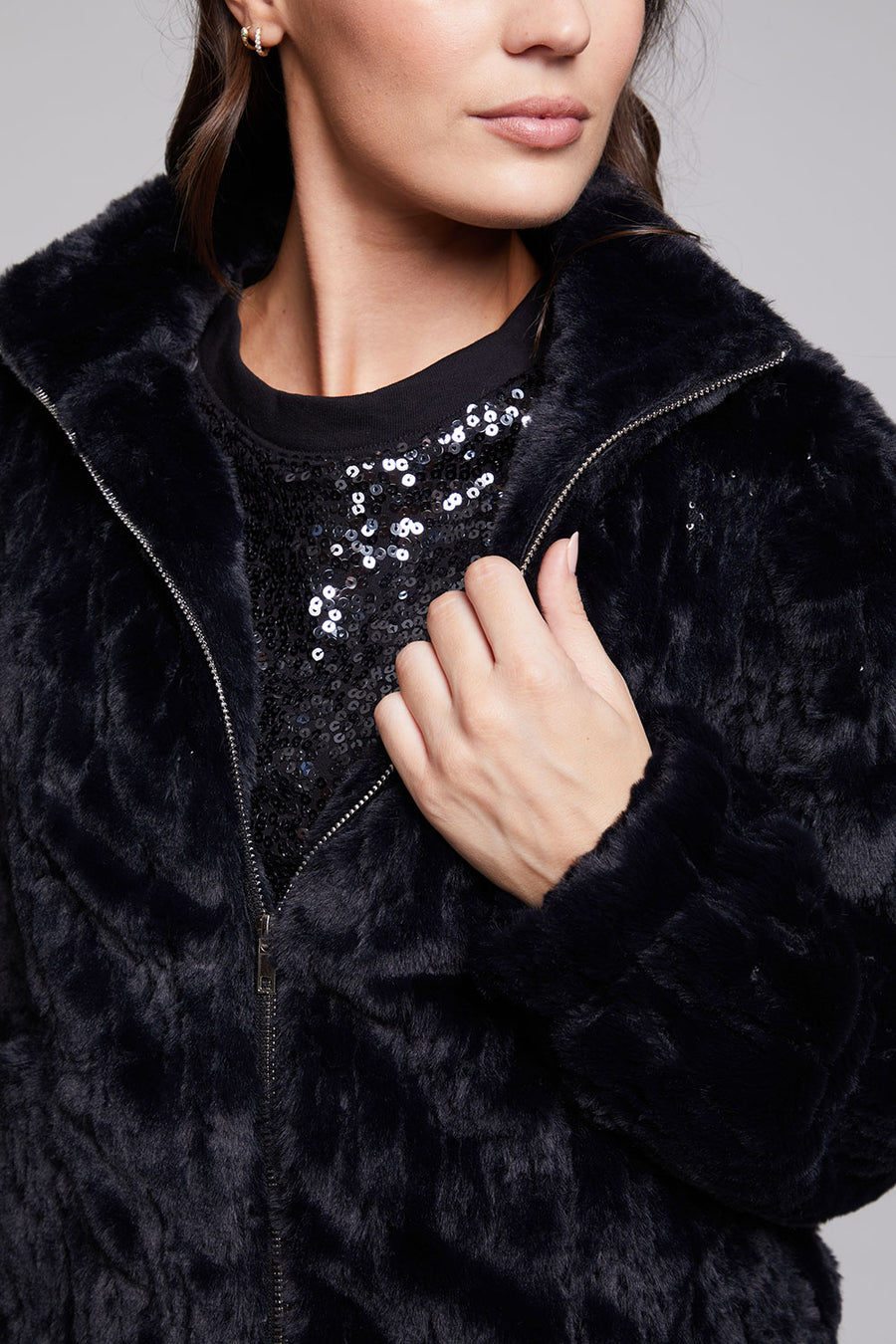 Sequin Faux Fur Puff Sleeve Jacket WOMENS chaserbrand