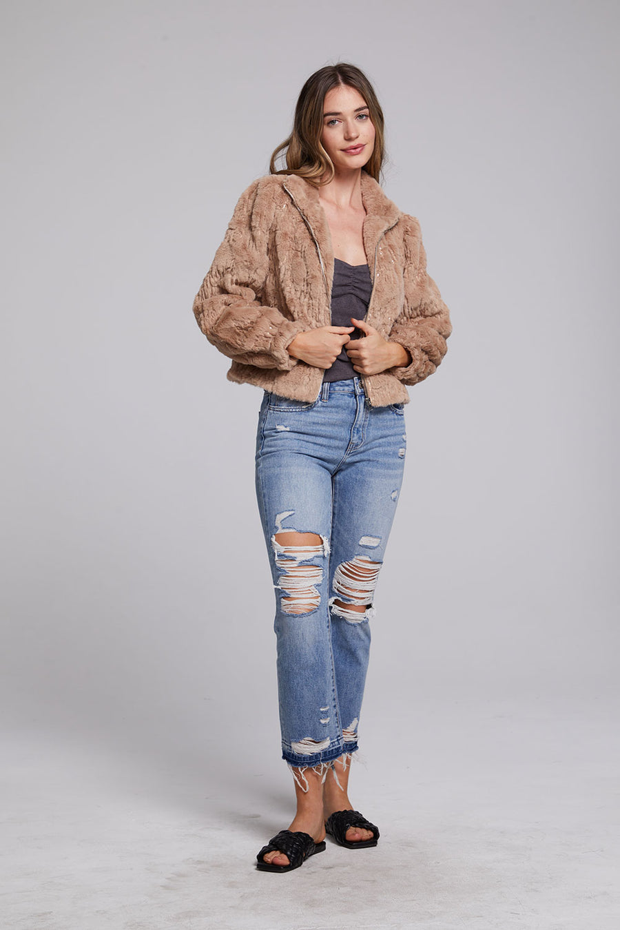 Sequin Faux Fur Puff Sleeve Jacket WOMENS chaserbrand