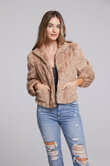 Sequin Faux Fur Puff Sleeve Jacket WOMENS chaserbrand