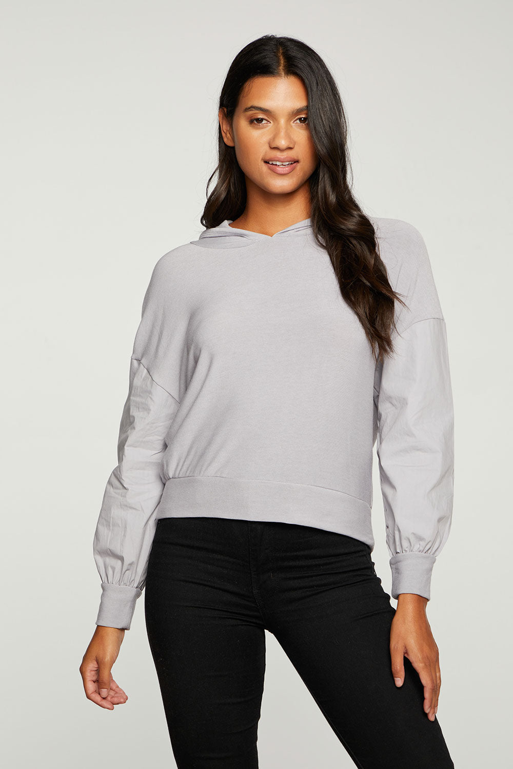 RPET Cozy Knit Mixed Poplin Blouson Sleeve Pullover WOMENS - chaserbrand