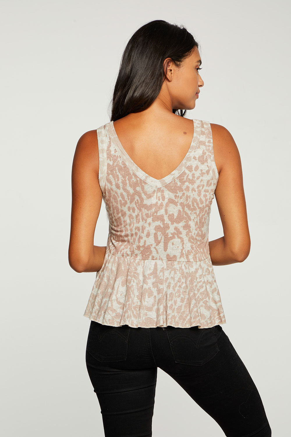 Linen Jersey Ruffle Peplum Double V Tank WOMENS - chaserbrand