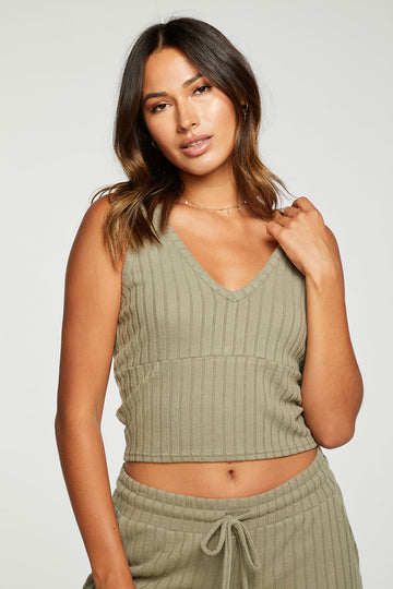Poor Boy Rib Cropped Empire Seam Double V Tank WOMENS - chaserbrand