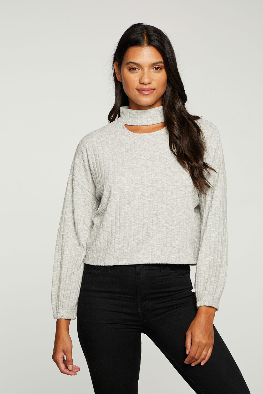 Poor Boy Rib Blouson Sleeve Vented Mock Neck Pullover WOMENS - chaserbrand