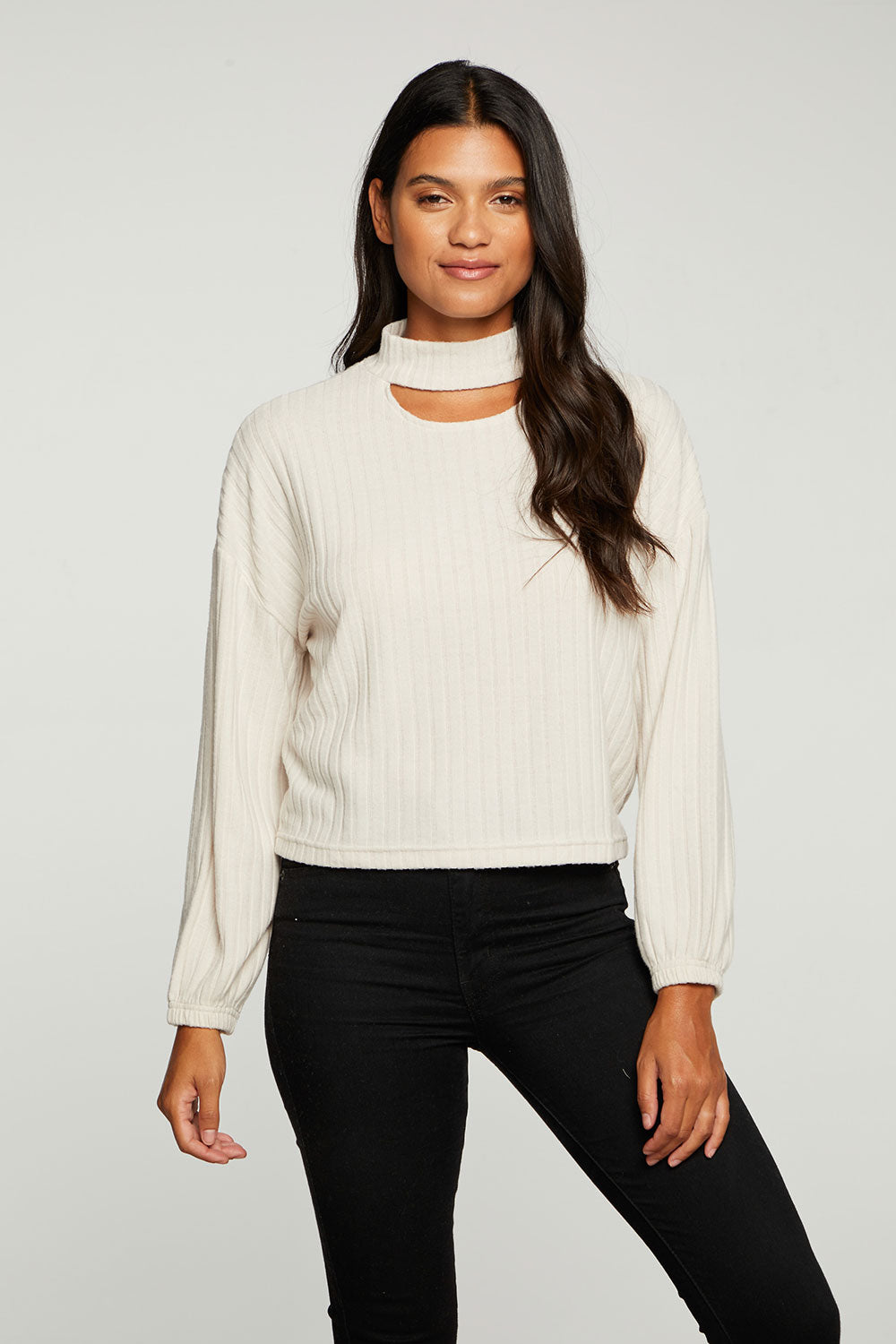 Poor Boy Rib Blouson Sleeve Vented Mock Neck Pullover WOMENS - chaserbrand