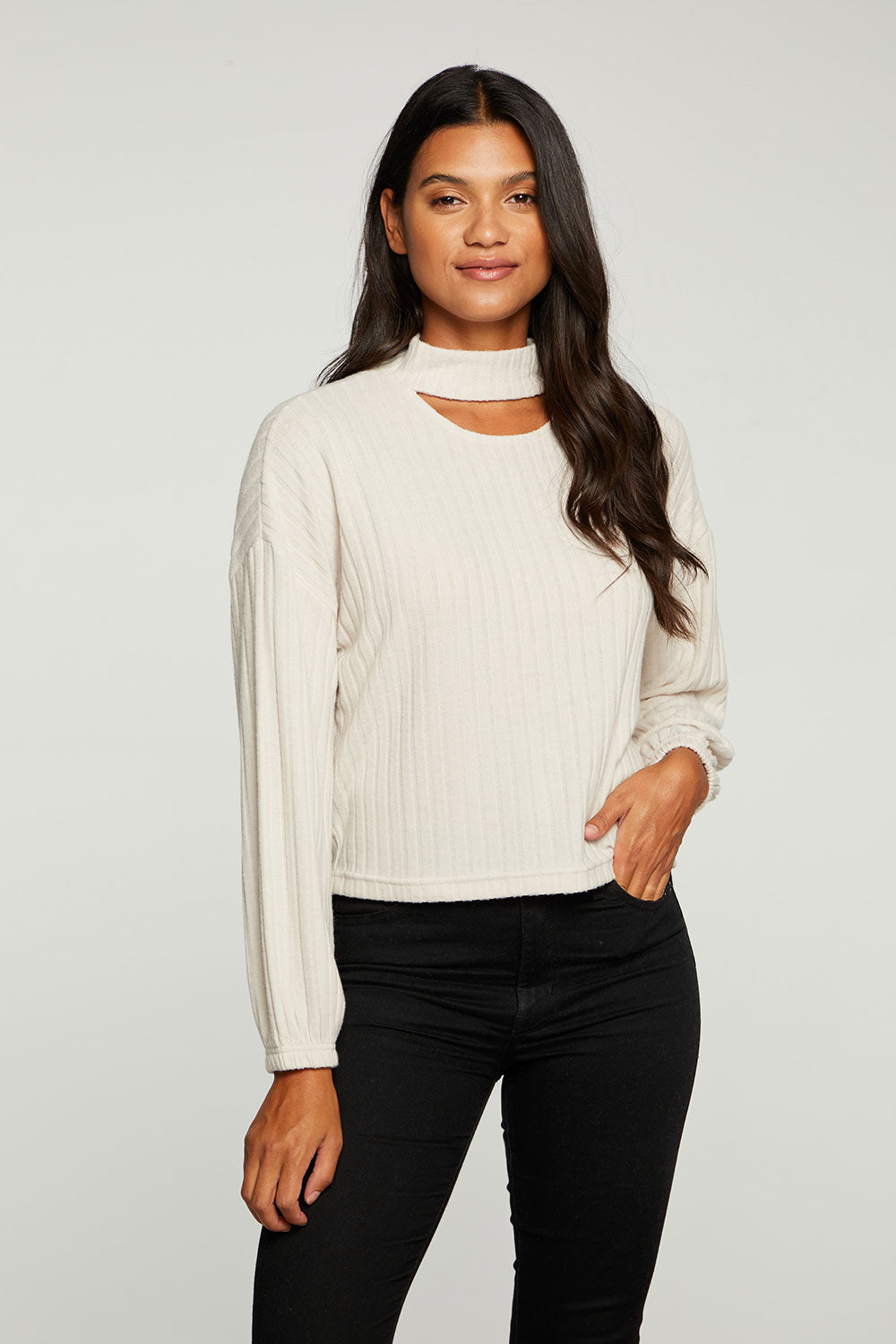 Poor Boy Rib Blouson Sleeve Vented Mock Neck Pullover WOMENS - chaserbrand